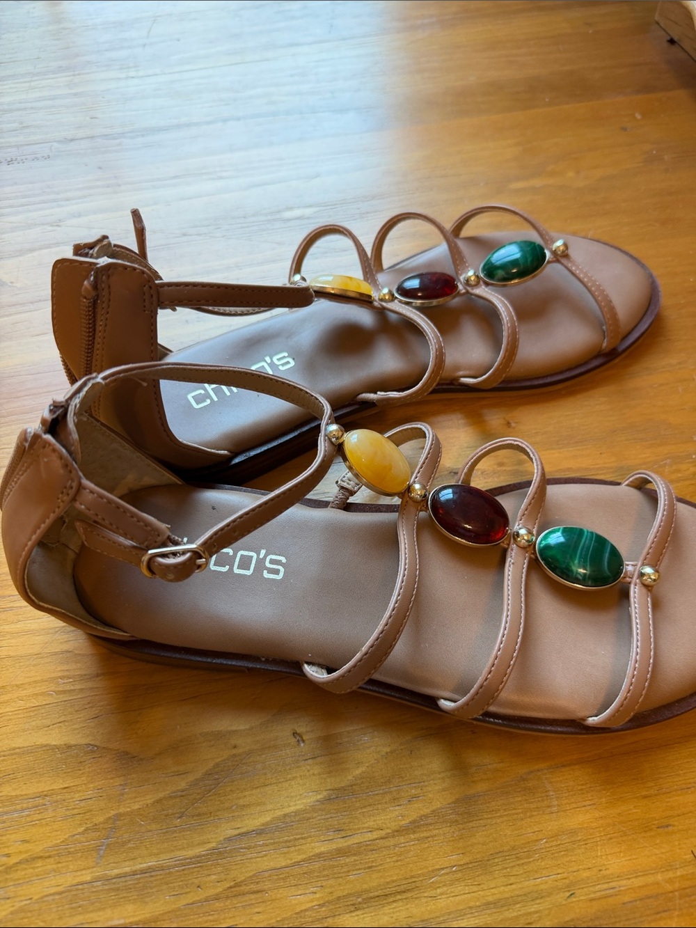 Chico's Tan Nadia Gladiator Sandals with Multicolor Gem Accents